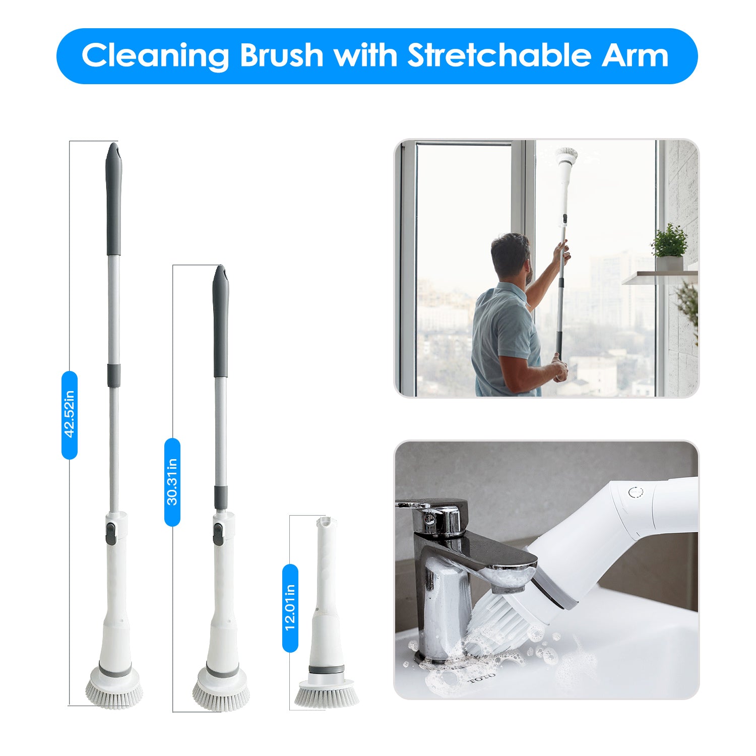 1Set Electric Spin Scrubber Cordless Rechargeable Telescopic Cleaning Brush 6 Replaceable Heads 2 Speed Adjustable Extension Arm Bathroom Tub Tile Floor