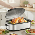 Electric roasting pan for turkey, chicken, vegetables, and beef
