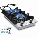 Kitchen gas cooktop with 2 dual burners and tempered glass surface